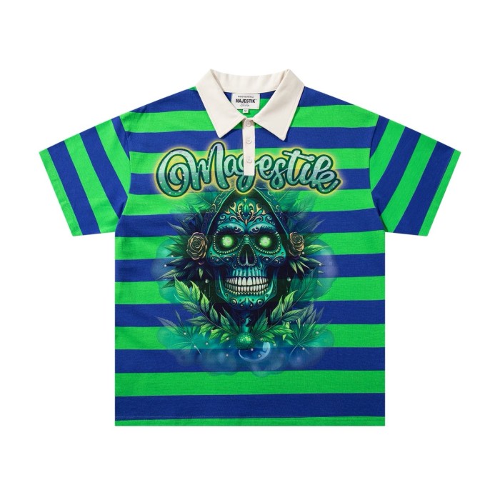 Neon Sugar Skull Striped Rhinestone Print Washed Polo Tee 29065107