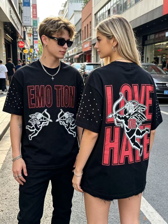 Double-sided wear love and hate Cupid rivet large logo high street lazy style T-shirt 29065224