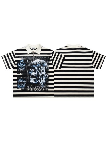 Skull Striped Rhinestone Print Zipper Polo Tee 29065103