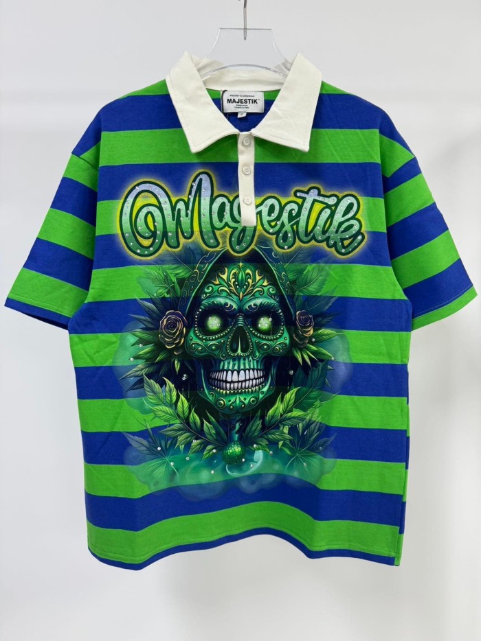 Neon Sugar Skull Striped Rhinestone Print Washed Polo Tee 29065107