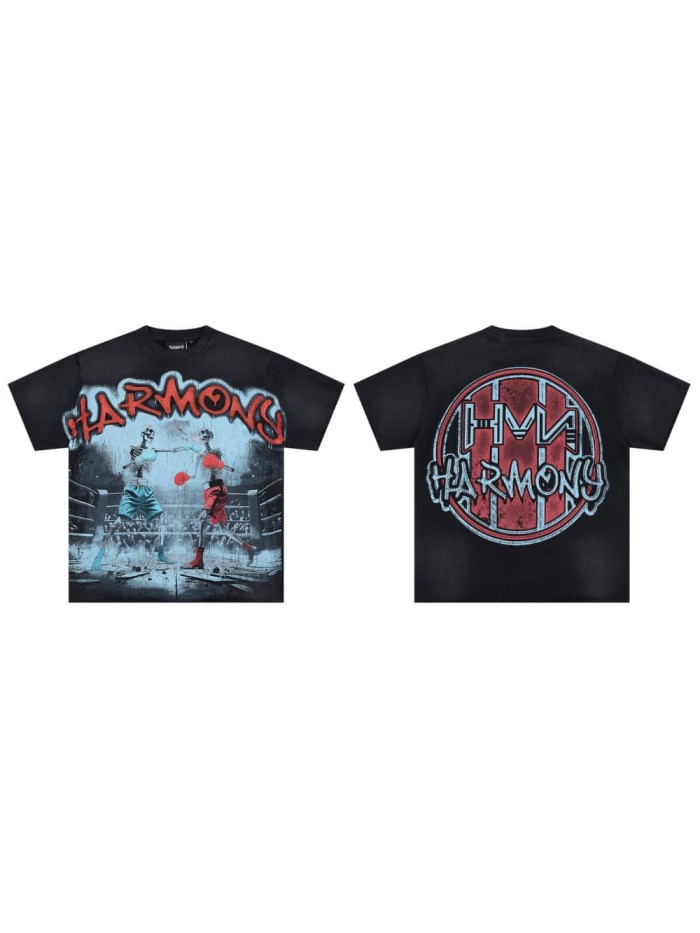 Skeleton Boxing Ring Rhinestone Print Washed Tee 29066076