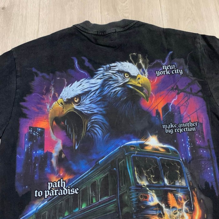 Lightning Eagle Train Rhinestone Print Washed Tee 29064548