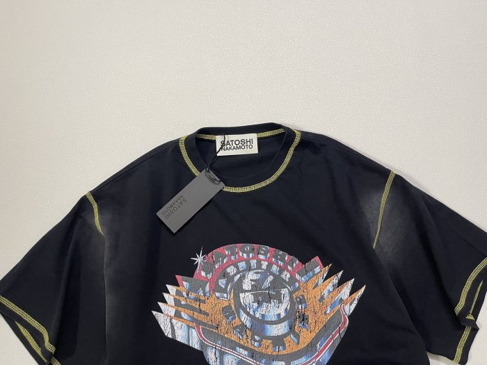 Vintage contrast-colored sawtooth badge loose-fitting drop-shoulder short-sleeved T-shirt 29062612