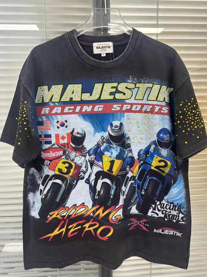 Motorcycle Racing Hero Slogan Rhinestone Print Washed Tee 29065106