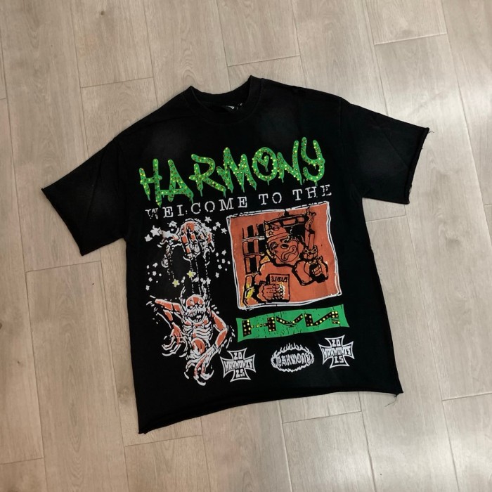 Retro Graffiti Devil Portrait Rhinestone Print Washed Tee 29066072