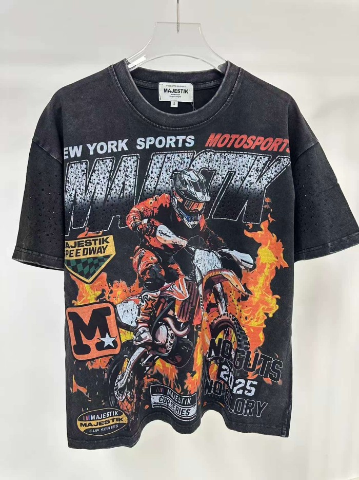 Flame Off-road Motorcycle Rhinestone Print Washed Tee 29065105