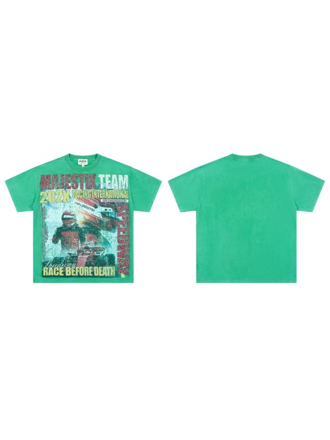 Racing Team Slogan Rhinestone Print Washed Tee 29064541