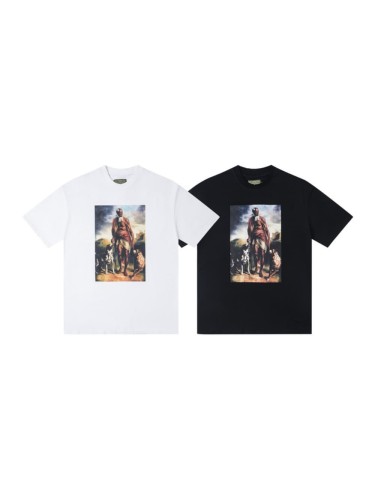 European-style vintage art portrait round neck drop shoulder laid-back casual shirt 2 colors 29062619