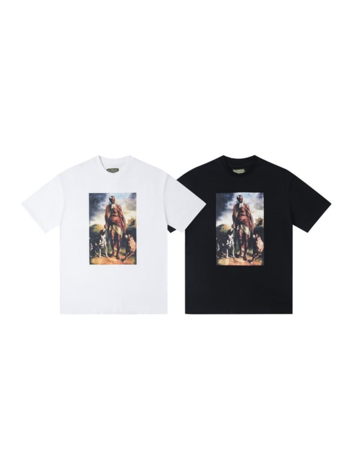 European-style vintage art portrait round neck drop shoulder laid-back casual shirt 2 colors 29062619