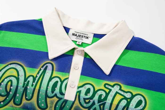 Neon Sugar Skull Striped Rhinestone Print Washed Polo Tee 29065107