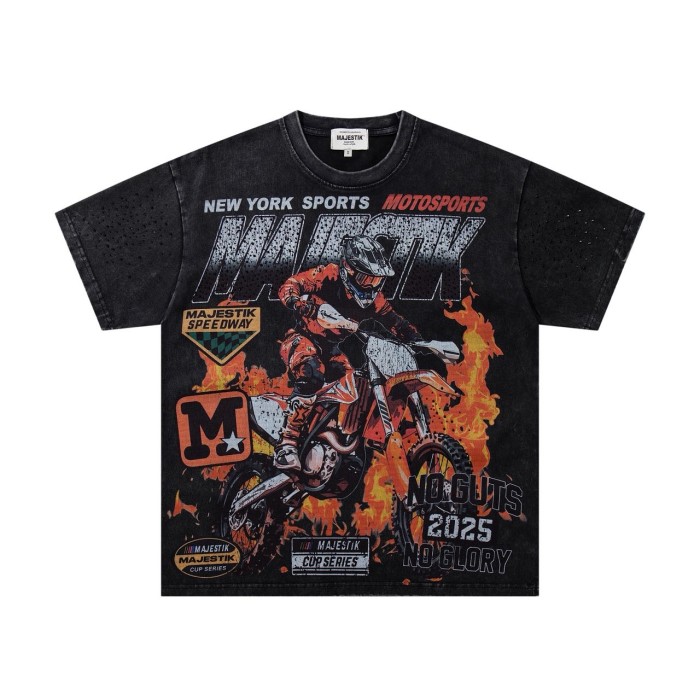 Flame Off-road Motorcycle Rhinestone Print Washed Tee 29065105