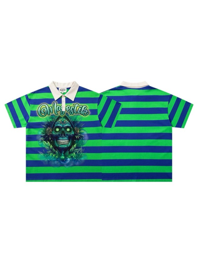 Neon Sugar Skull Striped Rhinestone Print Washed Polo Tee 29065107
