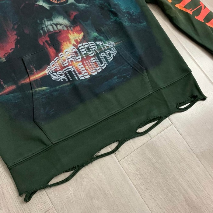 Dark Green Washed Distressed Skull Print Hoodie 29068976