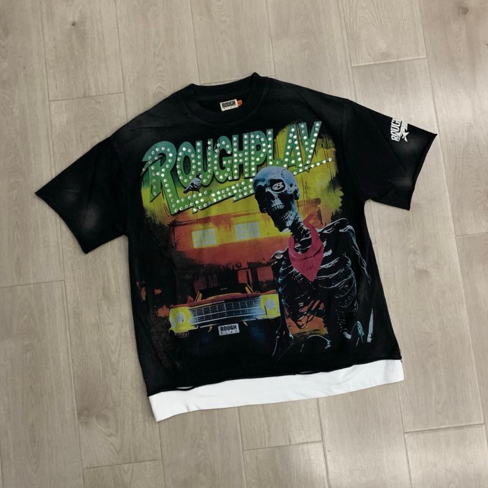 Oversized Washed Black Streetwear with Roughplay Skull & Car Graphic Print T-Shirt 29069051