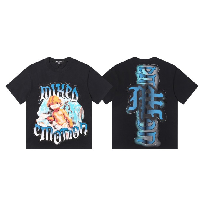 Bandage-blindfolded angel gradient Gothic diamond-studded T-shirt 2 colors 29069184