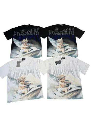 Niche motorboat vacation angel diamond-studded large-sized high street T-shirt 2 colors 29069321