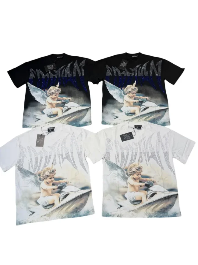 Niche motorboat vacation angel diamond-studded large-sized high street T-shirt 2 colors 29069321