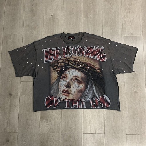 Gray Tone Thorn Virgin Mary Rhinestone Print Washed Tee 29069153