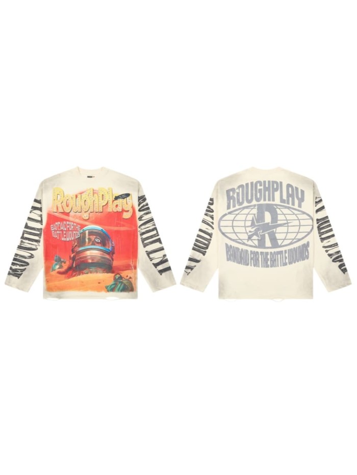 Washed Cream Streetwear with Astronaut Mars Print & Roughplay Logo Long Sleeve T-Shirt 29069115
