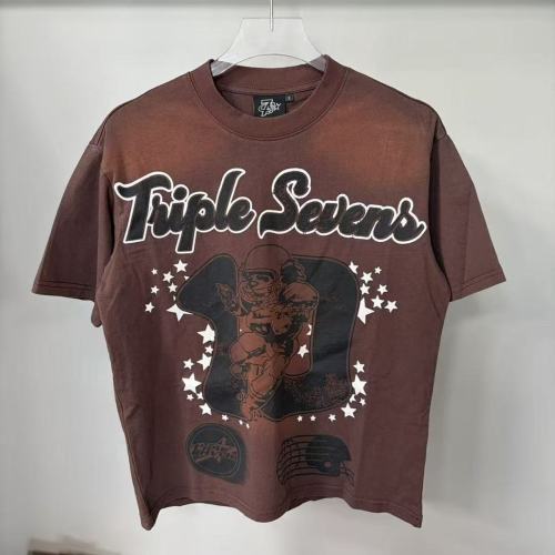 Retro Varsity Style with Triple Sevens Logo & Football Player Print T-Shirt 29069249