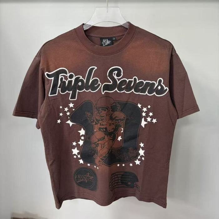 Retro Varsity Style with Triple Sevens Logo & Football Player Print T-Shirt 29069249