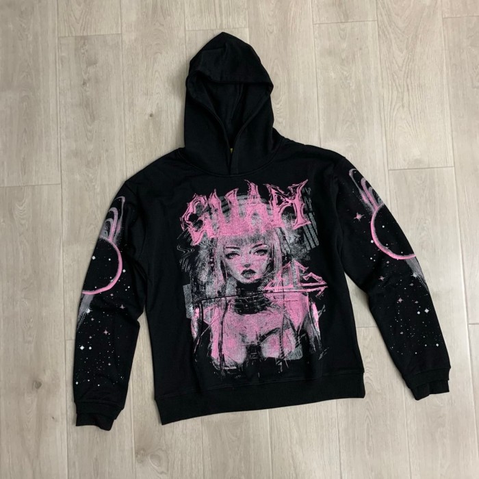 Unisex Oversized Black Streetwear with Pink Anime Cyber Girl Print White Ink Hoodie 29069162