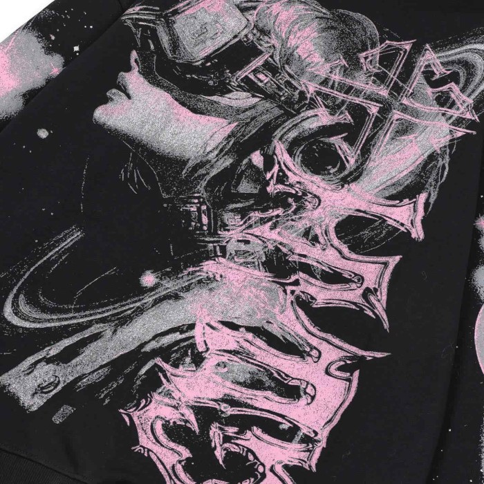 Unisex Oversized Black Streetwear with Pink Anime Cyber Girl Print White Ink Hoodie 29069162