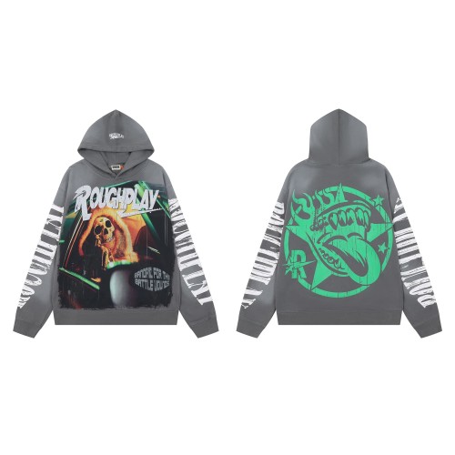 Oversized Washed Gray Streetwear Hoodie with Skull Graphic & Sleeve Print 29069024