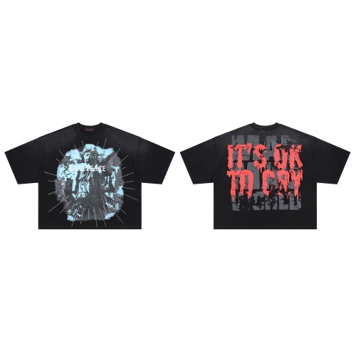 Figure Blood Drop Font Rhinestone Print Washed Tee 29069403