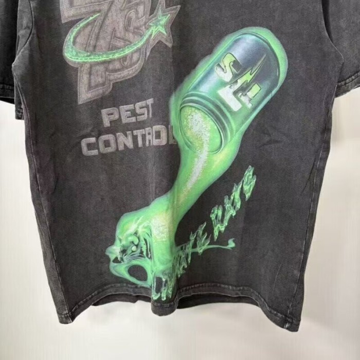 Washed Black Streetwear with Green Slime & Pest Control Print T-Shirt 29069272