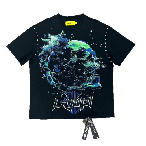 Loose Futuristic Streetwear Neon Skull & Studded Sleeve Graphic Tee 2 colors 29069130