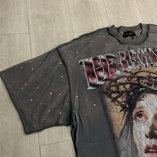 Gray Tone Thorn Virgin Mary Rhinestone Print Washed Tee 29069153