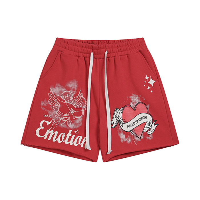 Printed drawstring loose red five-inch waist pants casual shorts 29069025