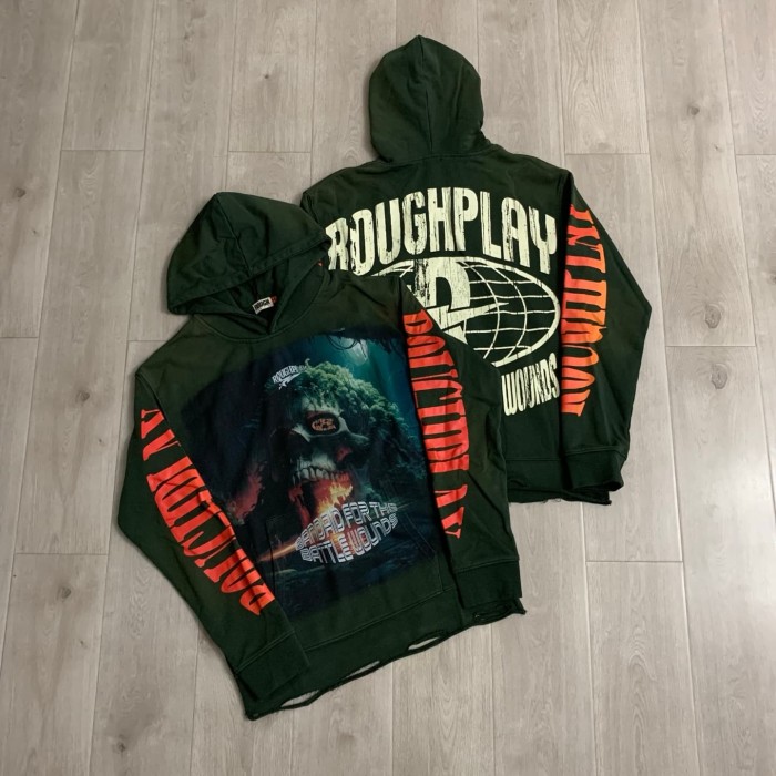 Dark Green Washed Distressed Skull Print Hoodie 29068976