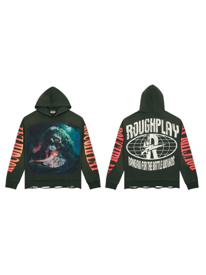 Dark Green Washed Distressed Skull Print Hoodie 29068976