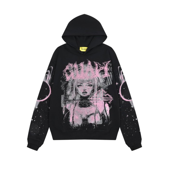 Unisex Oversized Black Streetwear with Pink Anime Cyber Girl Print White Ink Hoodie 29069162