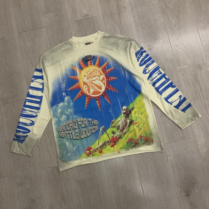 Washed Beige Streetwear with Sun Skeleton & Mushroom Graphic Print Long Sleeve T-Shirt 29069100