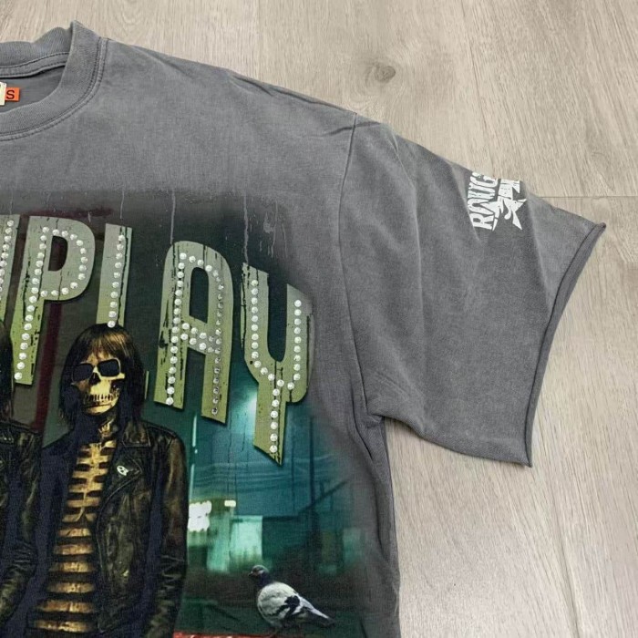 Dark Rock Skeleton Band Rhinestone Print Washed Tee 29069146