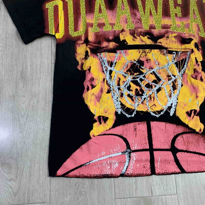 Flaming Basketball Hoop Rhinestone Print Washed Tee 29069141