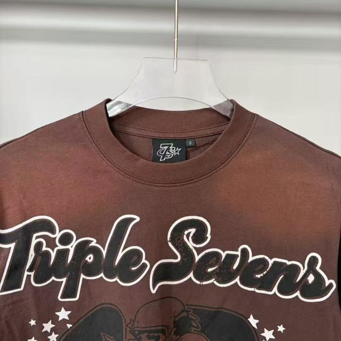 Retro Varsity Style with Triple Sevens Logo & Football Player Print T-Shirt 29069249