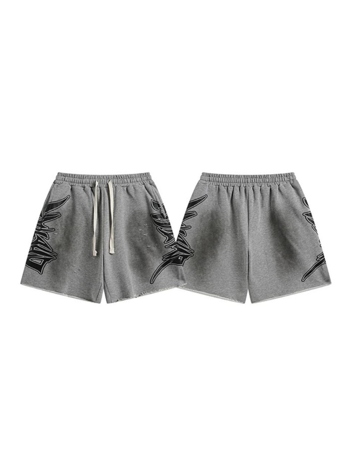 Ragged-edge, loose-fitting, five-inch gray sweatpants with drawstrings, casual shorts 29069002