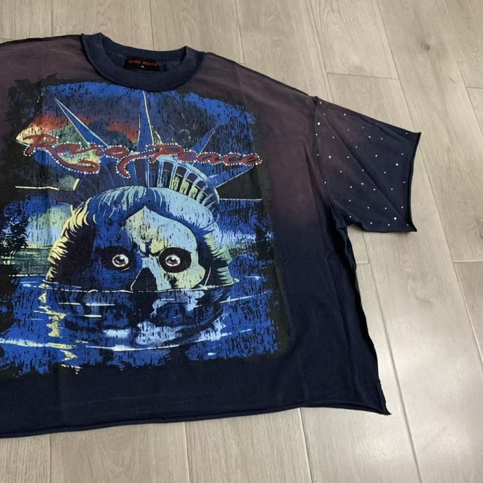 Lake Water Skeleton Statue Of Liberty Rhinestone Print Washed Tee 29069149
