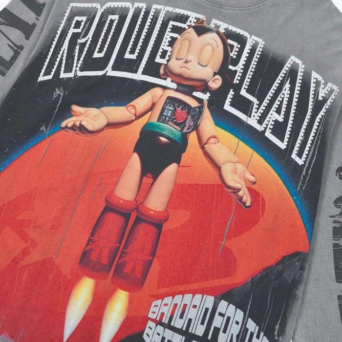 Baggy Distressed Retro Grunge with Bold Sleeve Text & Astro Boy Graphic Long Sleeve T-Shirt 29069104