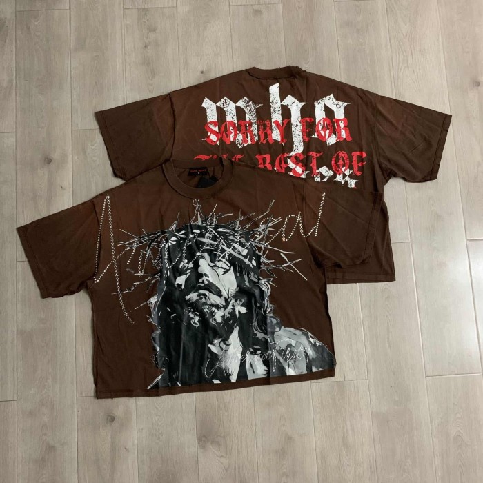 Ink Wash Thorn Jesus Rhinestone Print Washed Tee 2 colors 29069151
