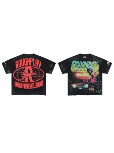 Oversized Washed Black Streetwear with Roughplay Skull & Car Graphic Print T-Shirt 29069051