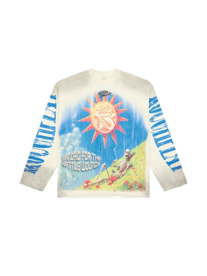 Washed Beige Streetwear with Sun Skeleton & Mushroom Graphic Print Long Sleeve T-Shirt 29069100