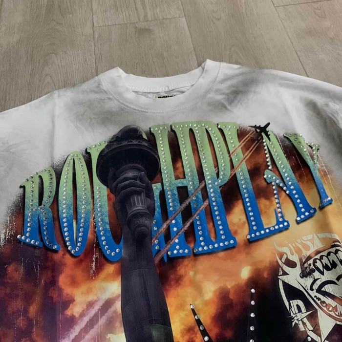 Oversized Washed White Streetwear with Liberty Fire & Roughplay Print Long Sleeve T-Shirt 29069053