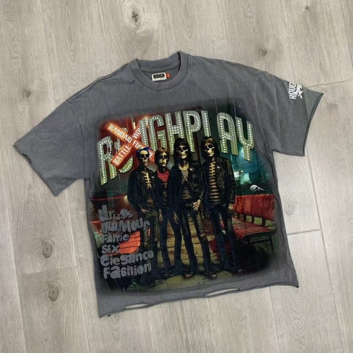 Dark Rock Skeleton Band Rhinestone Print Washed Tee 29069146