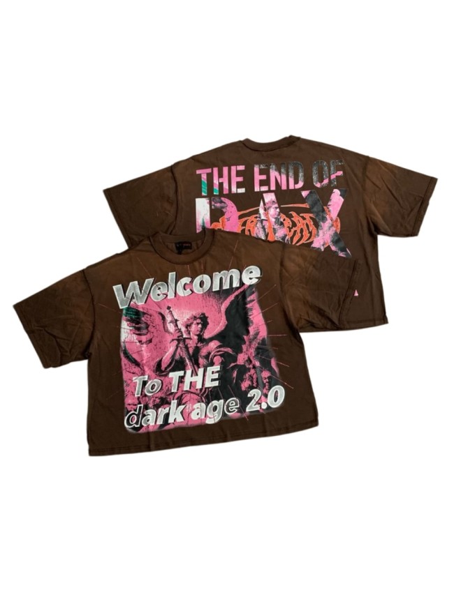 Sword Holding Angel Sculpture Rhinestone Print Washed Tee 29069404