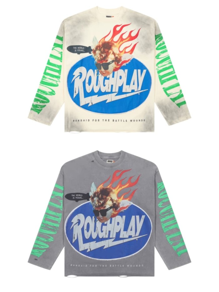 Baggy Streetwear Fire Angel & Green Sleeve Print Long Sleeve T-Shirt 2 colors 29069105